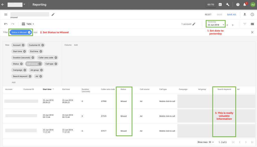 missed call report in AdWords